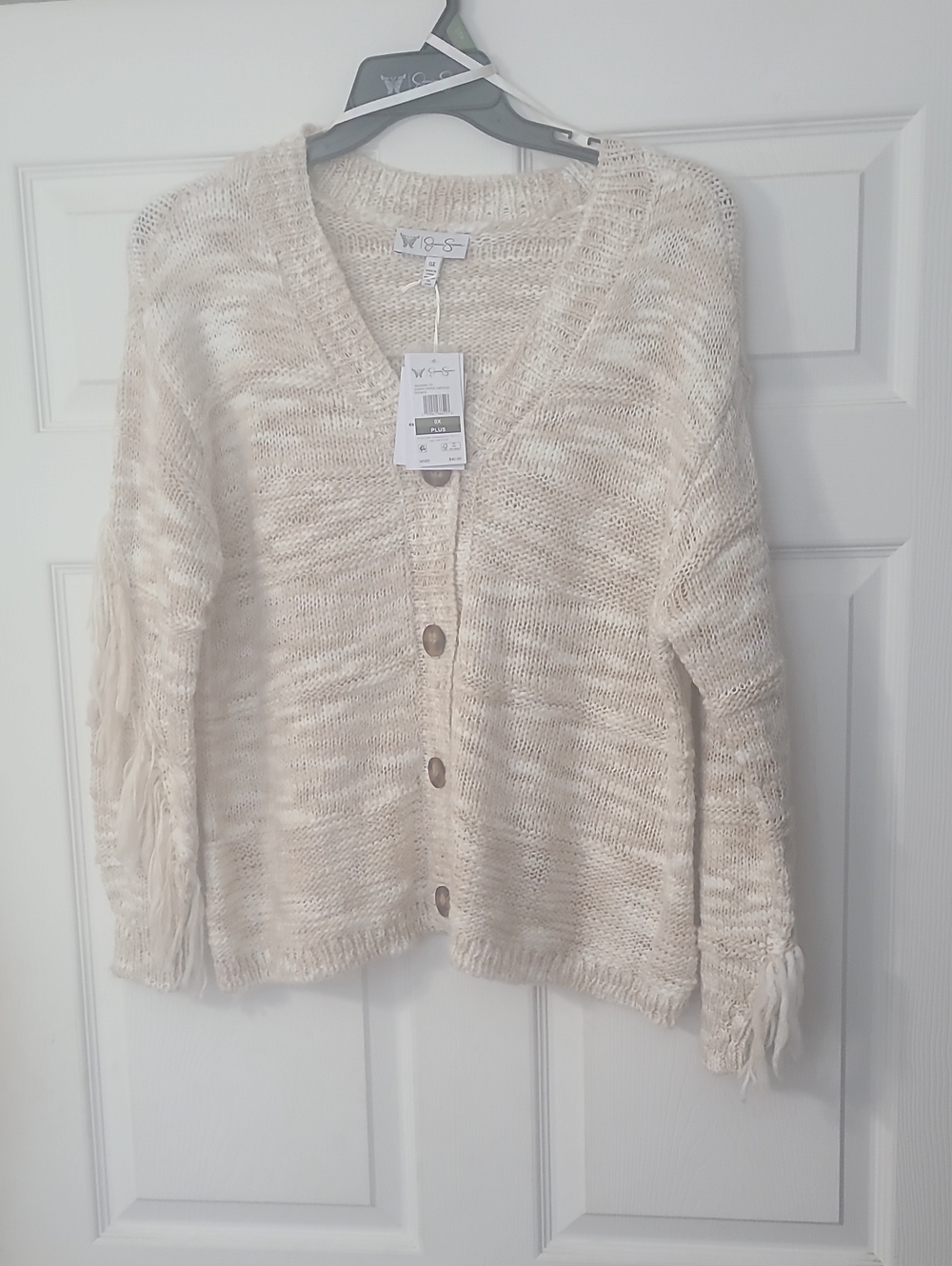 JESSICA SIMPSON Cream Fringe Open-Knit Button Cardigan 14W